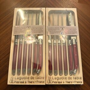 Two Laguiole de table Set of 6 Steak Knives Red Handles Wood Box New